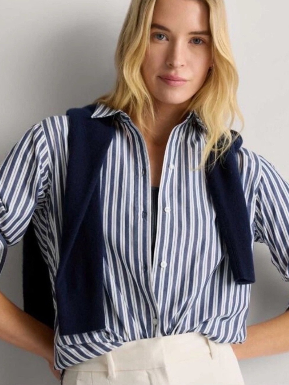 Quince Navy White Striped Organic Cotton Poplin Button Down Shirt Size M Preppy